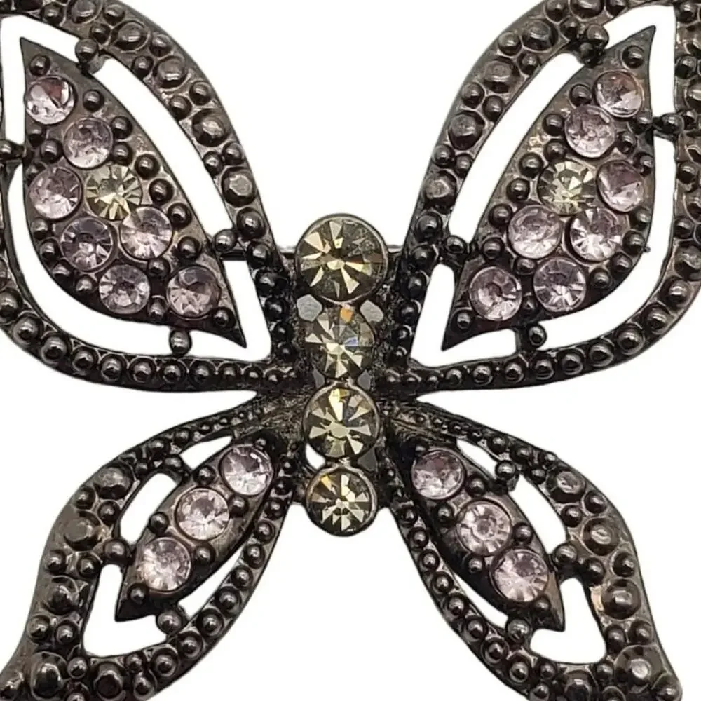 Dark Rhinestone Butterfly Brooch Pink Green Crystal Insect Vintage‎ Pin Gunmetal